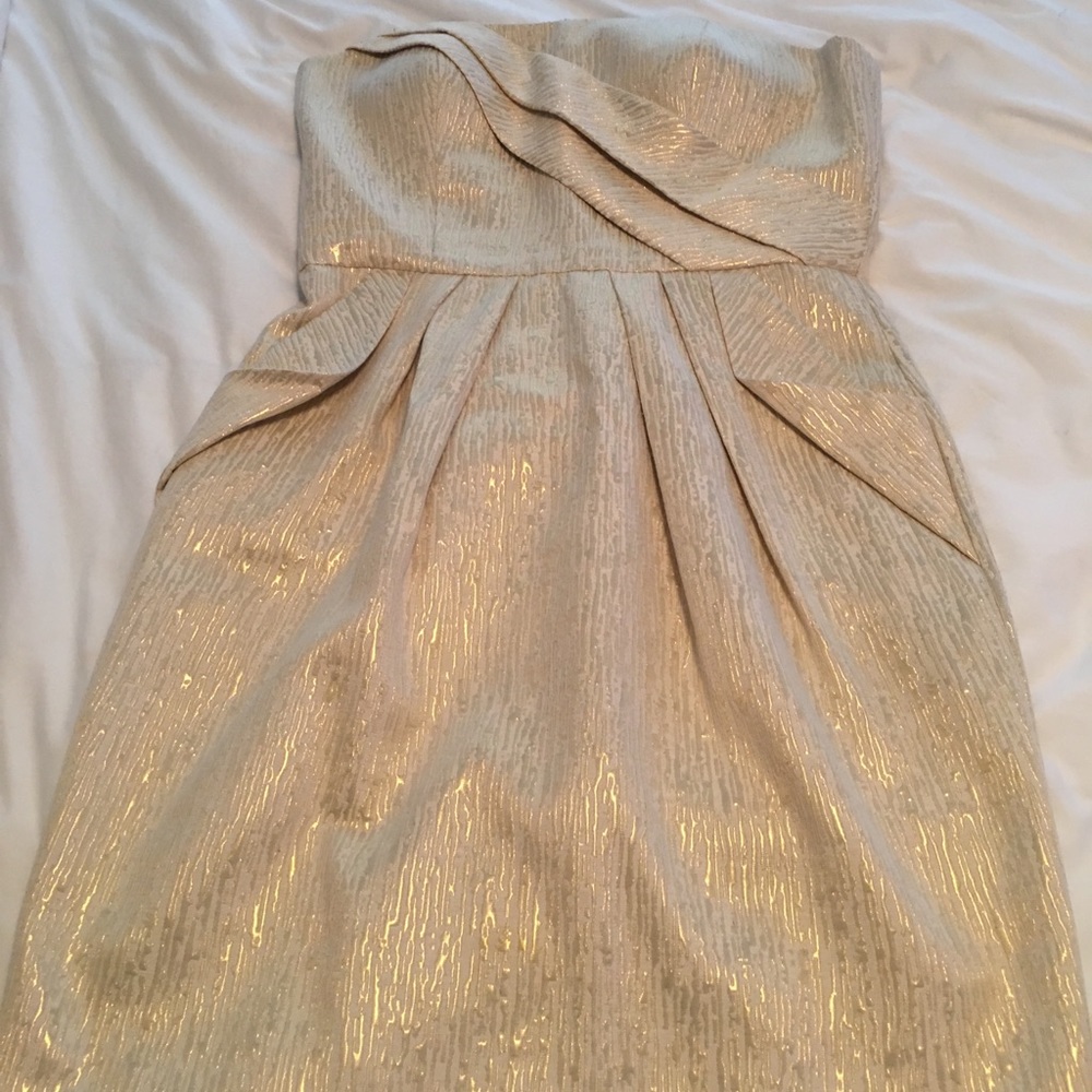 Max and Cleo gold strapless cocktail dress